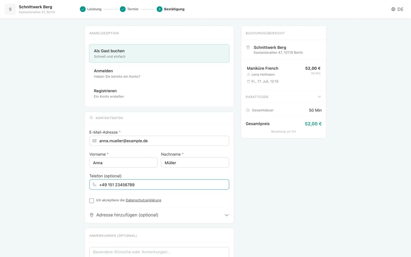 Online booking: confirmation with contact details and booking summary
