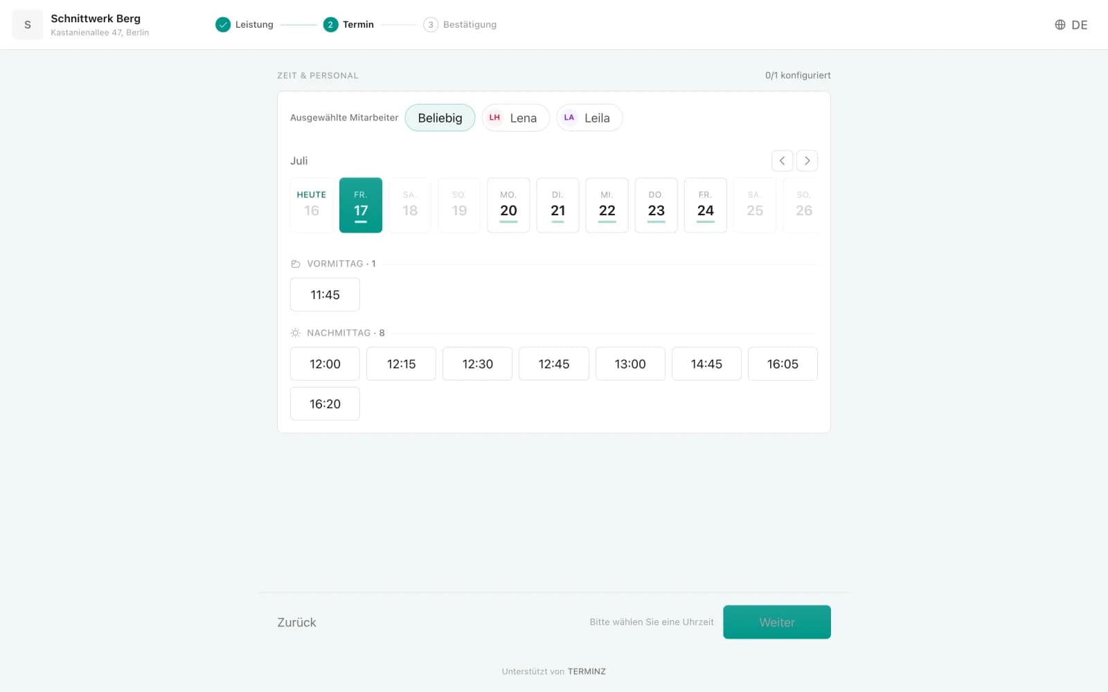 Online booking: time selection with available slots