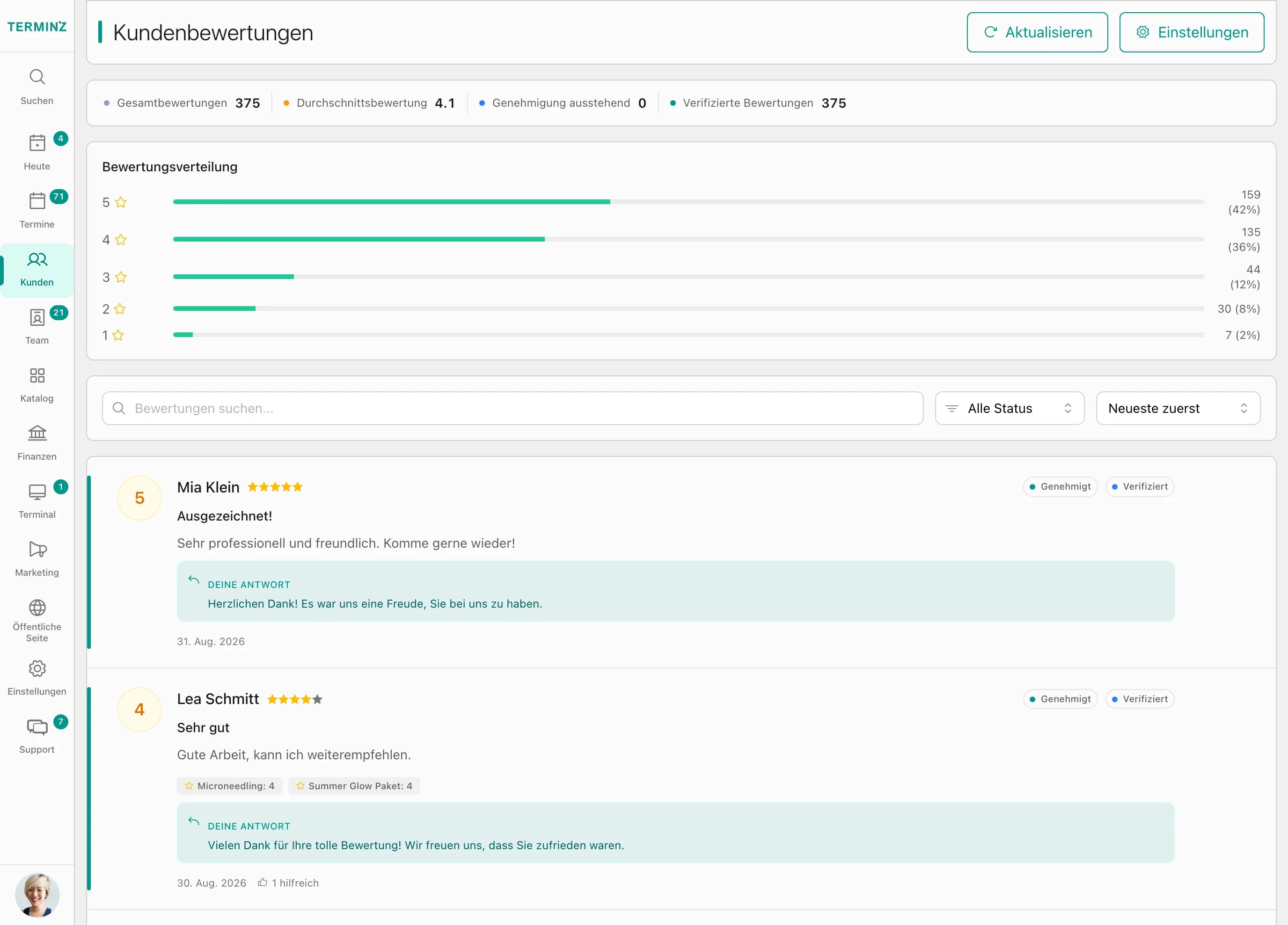 Customer reviews with rating distribution and the location's replies