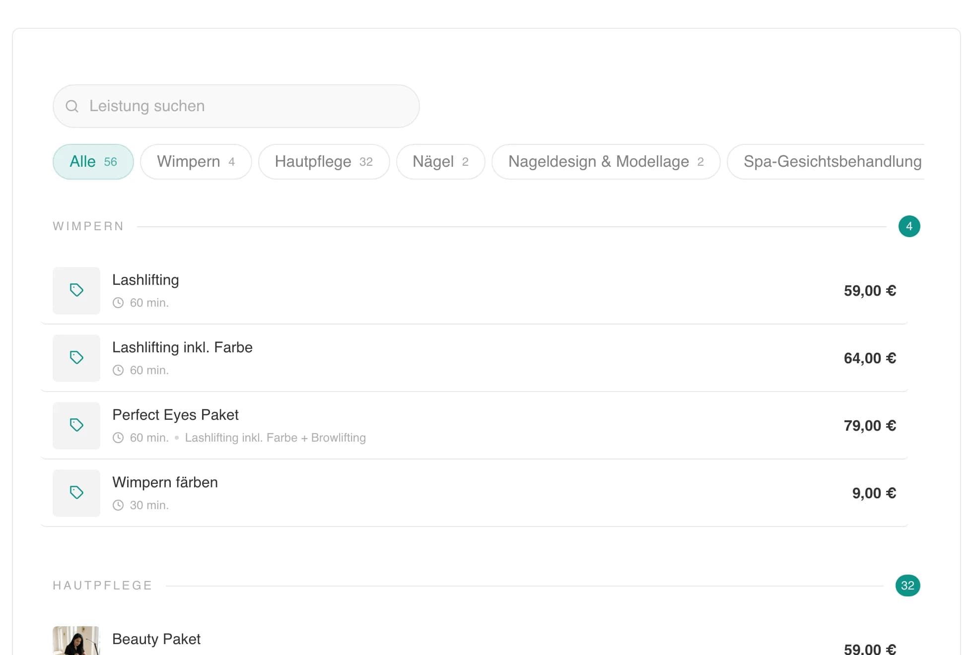 Das Leistungs-Widget mit Suche, Kategorien und Preisliste auf einer Website