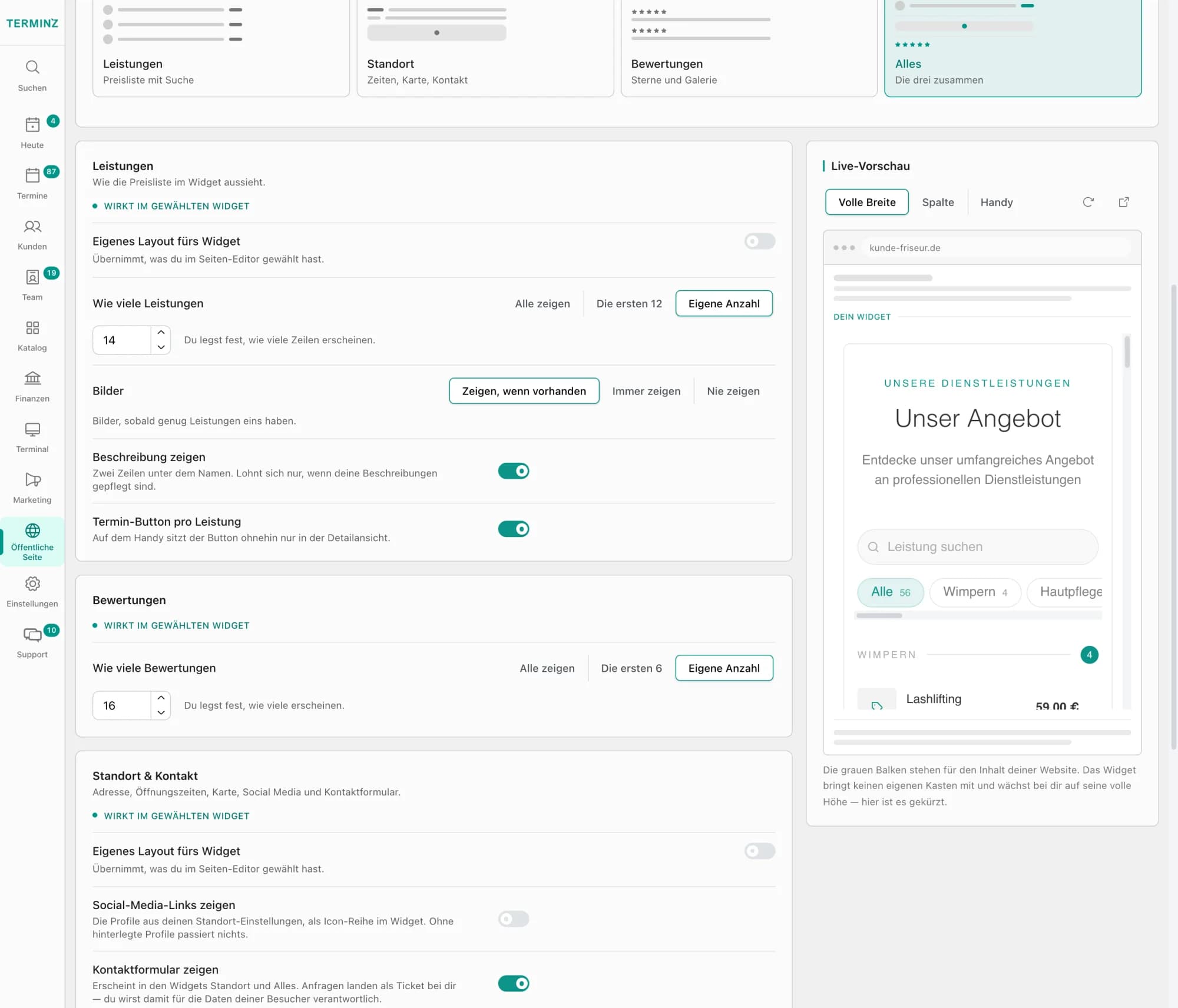 Die Widget-Einstellungen im Dashboard mit Live-Vorschau