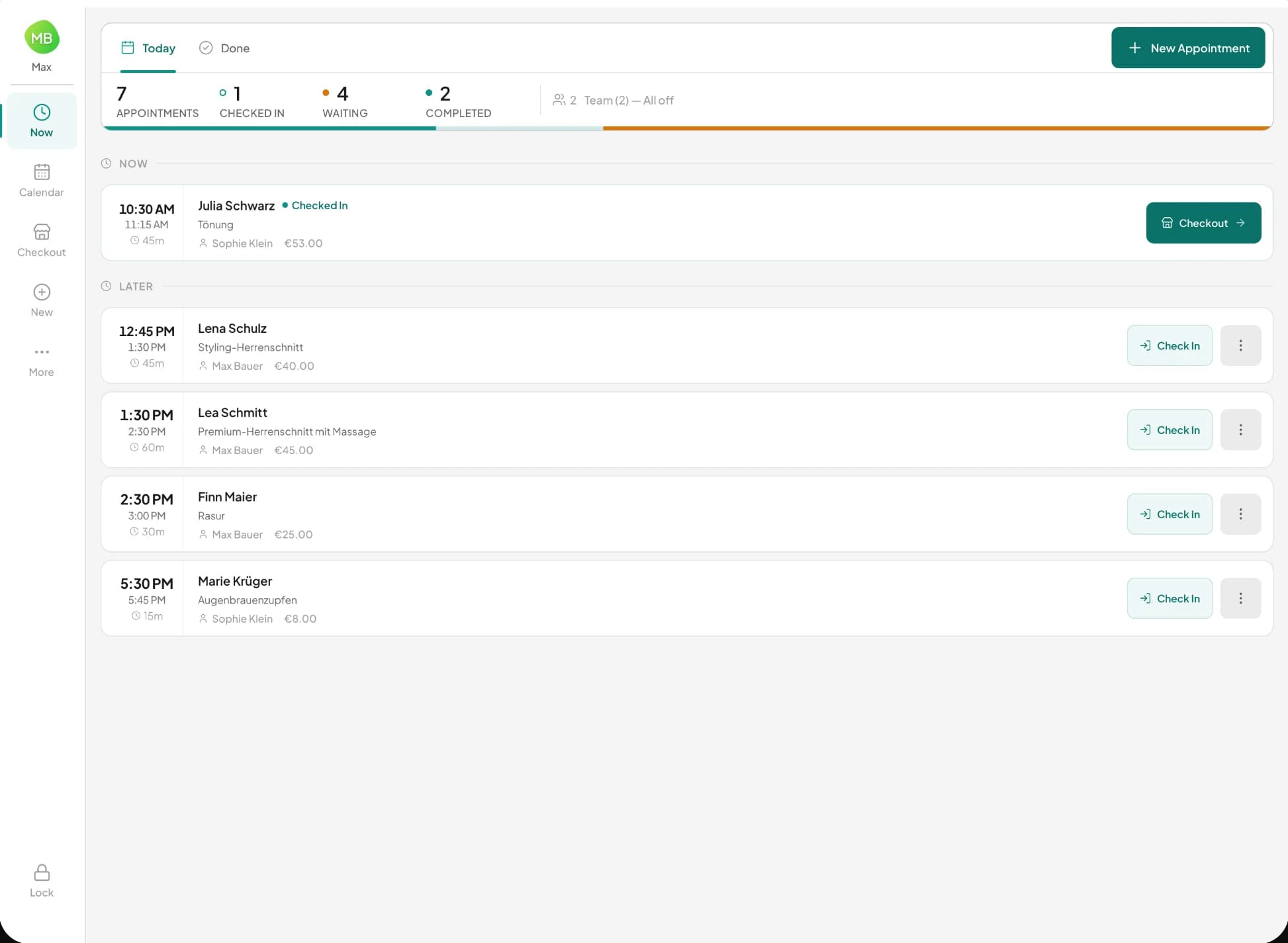 Terminz Terminal on an Android tablet showing today's appointments