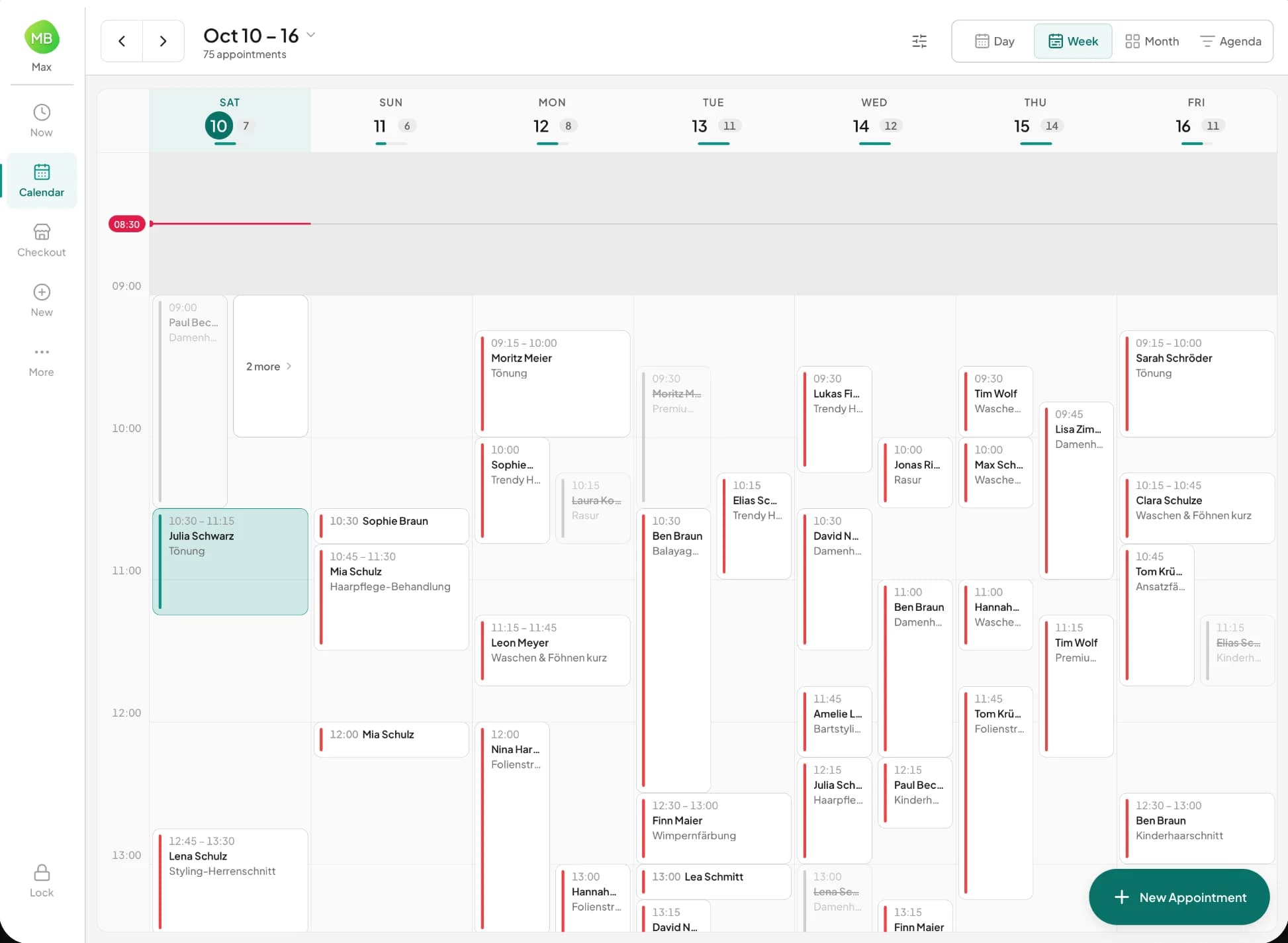 Week view of the calendar with the team's appointments