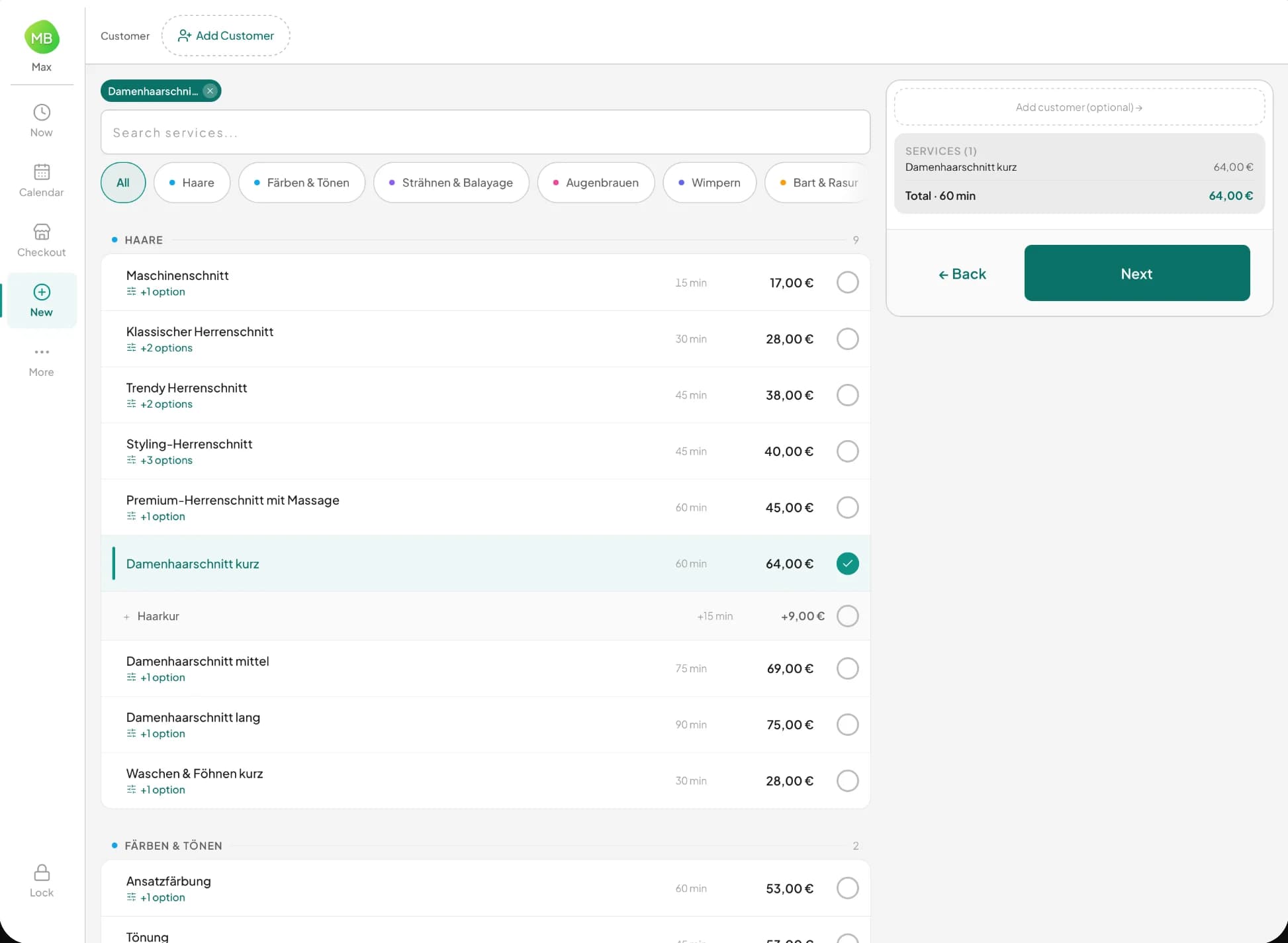 Terminz Terminal on an iPad, choosing services for a new appointment