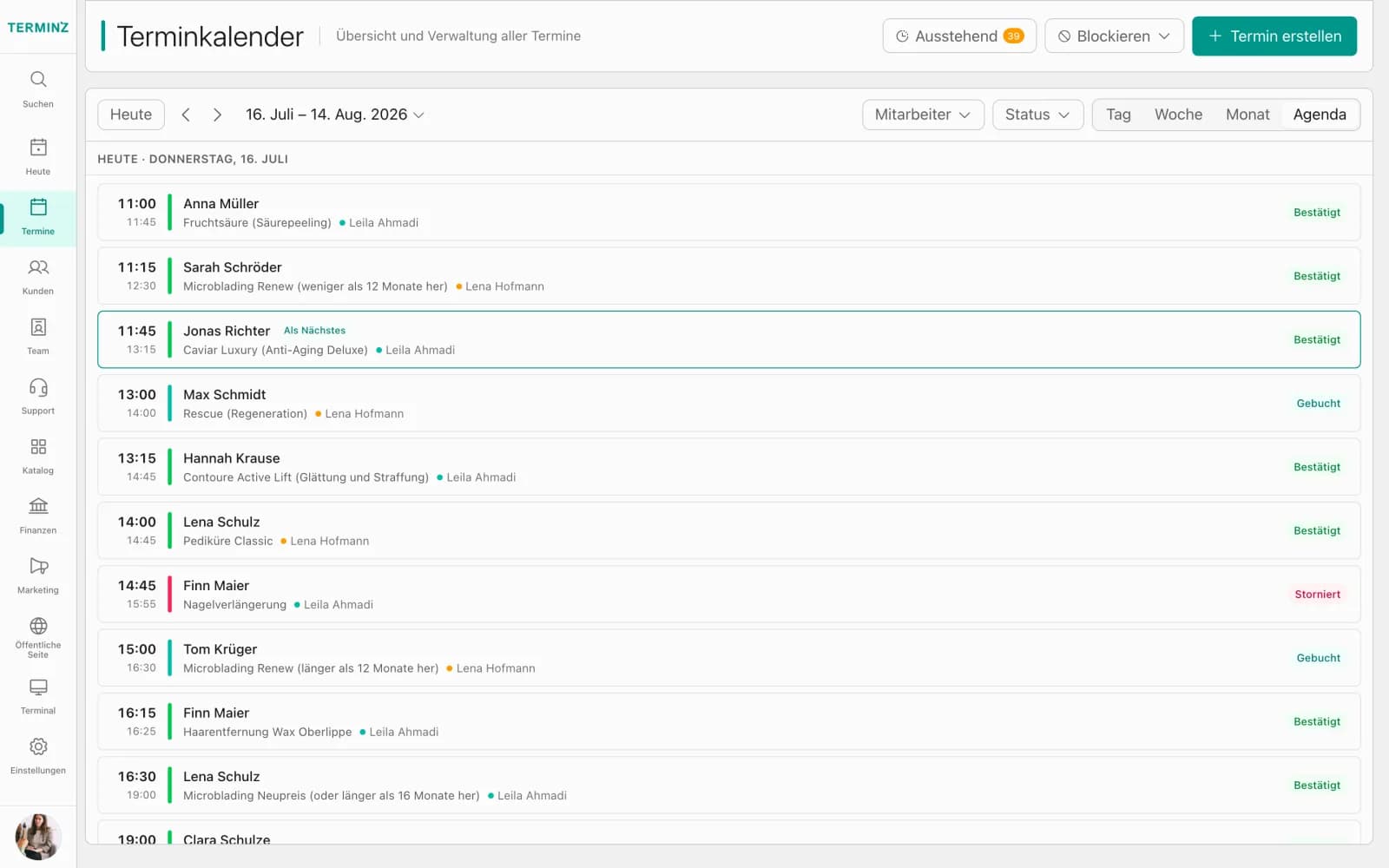 Appointment calendar agenda in the Terminz dashboard
