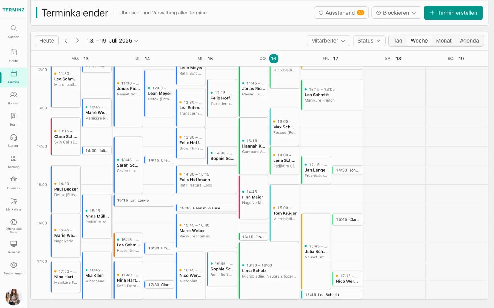 Appointment calendar week view in the Terminz dashboard