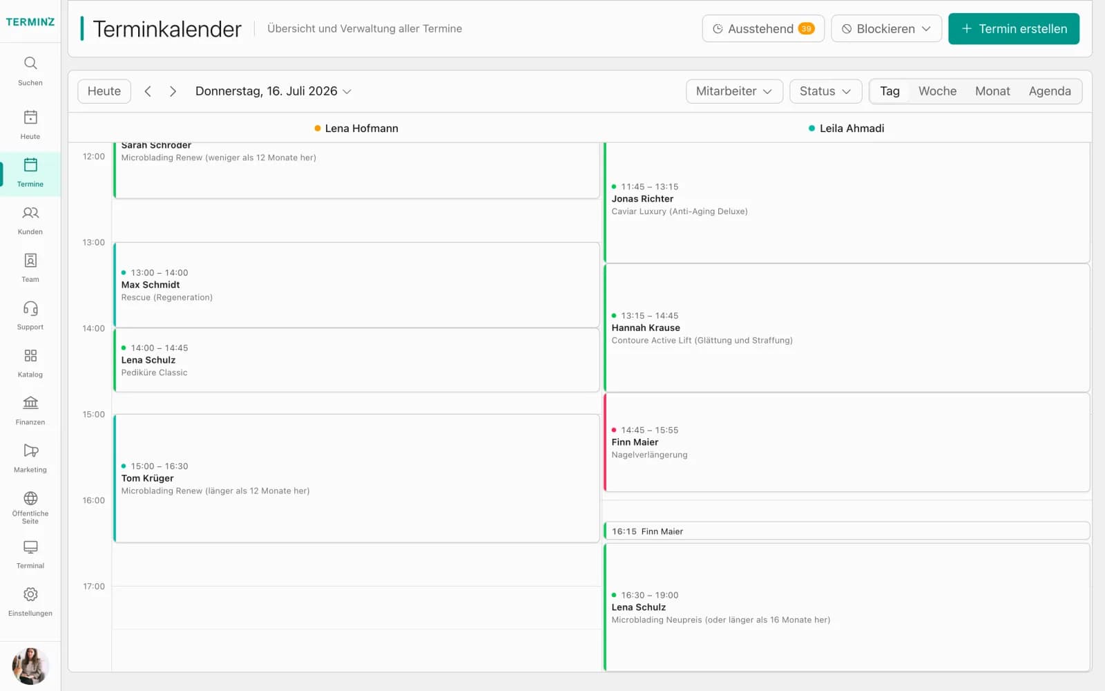 Appointment calendar day view in the Terminz dashboard