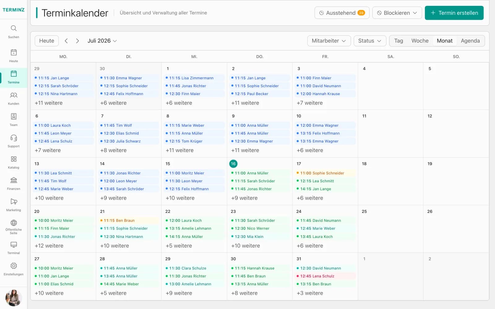 Appointment calendar month view in the Terminz dashboard