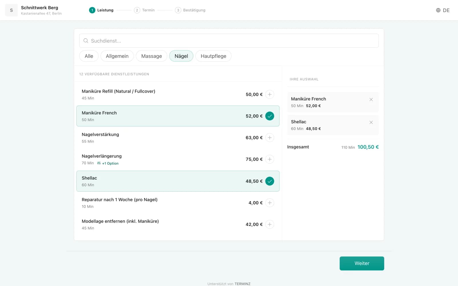 Online booking: service selection step