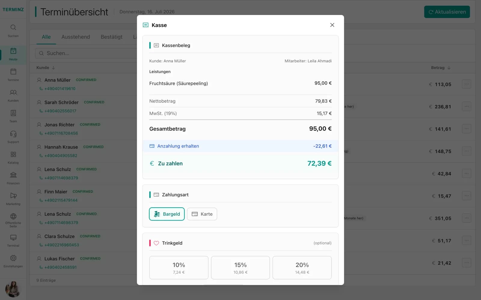 Checkout dialog in the Terminz dashboard with receipt, payment method and tip