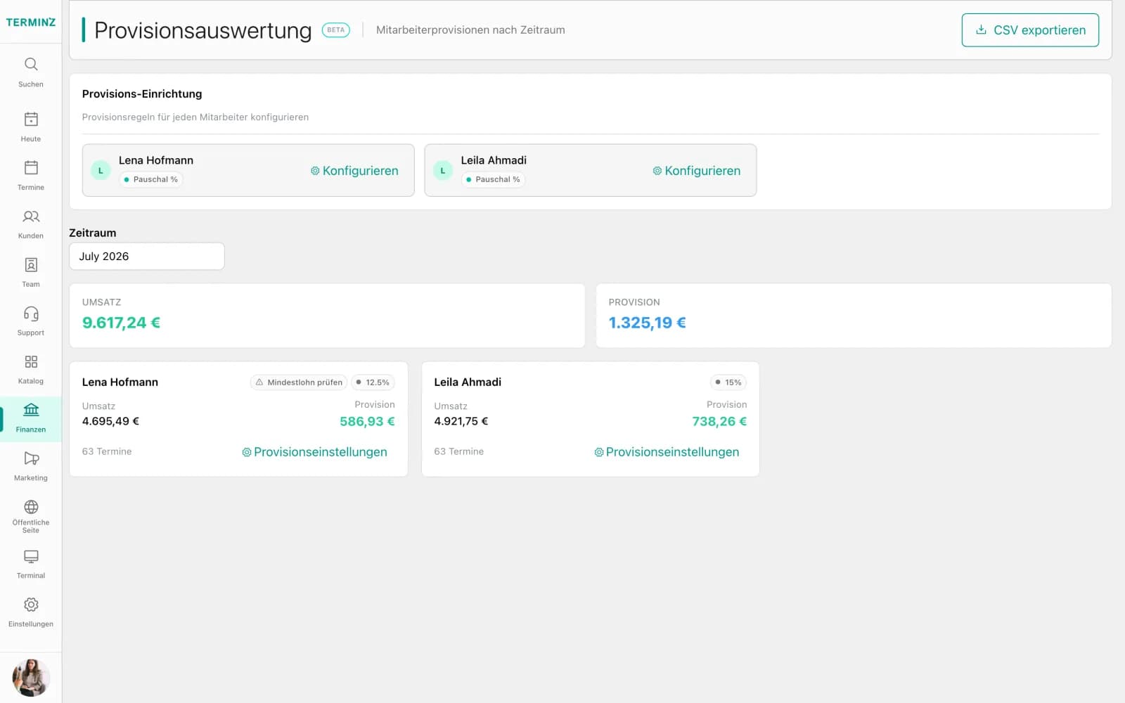 Commission report in the Terminz dashboard