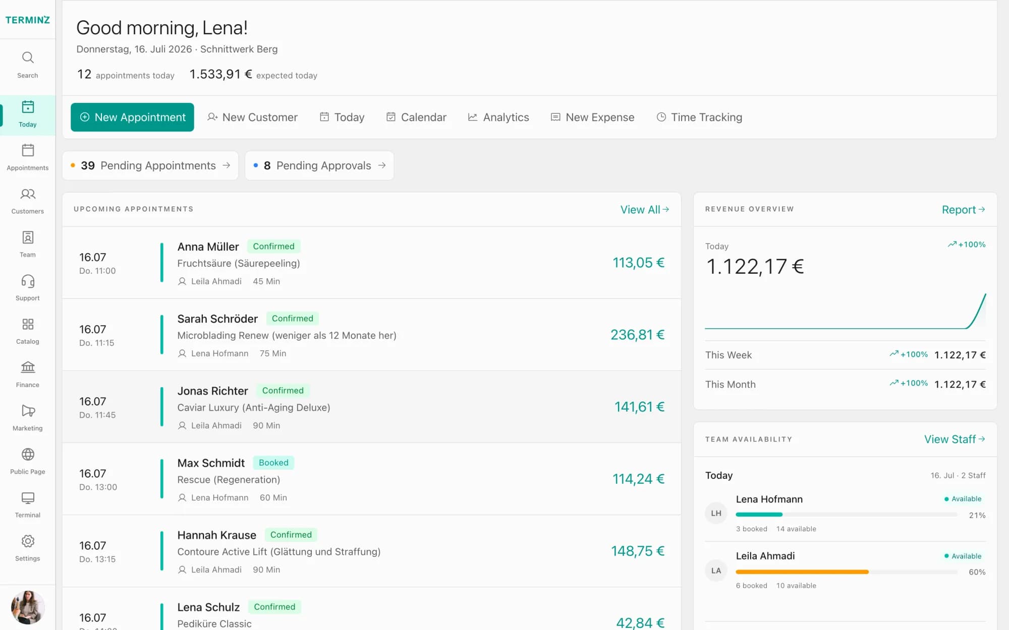 The Terminz dashboard with upcoming appointments, revenue and team availability