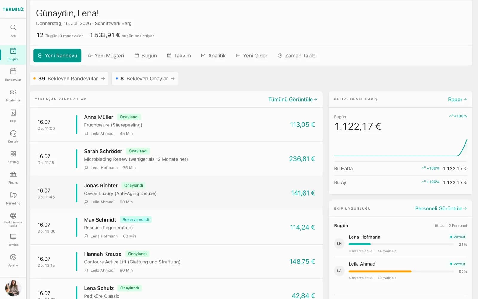Terminz dashboard in Turkish