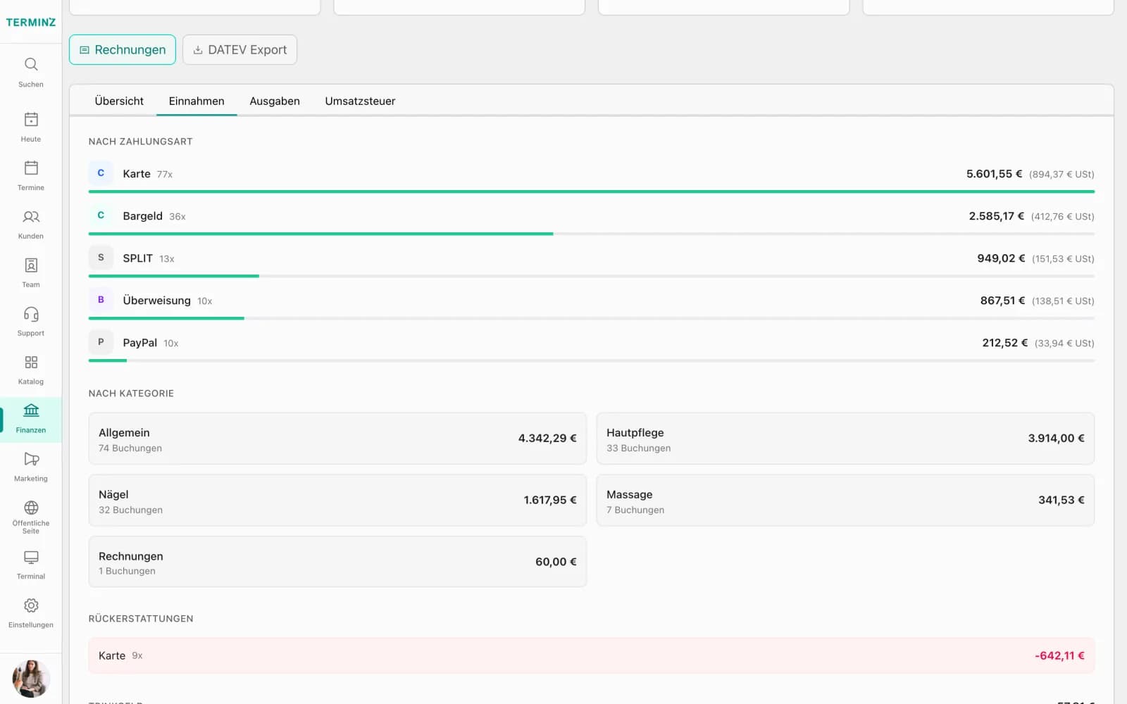 Financial report in the Terminz dashboard