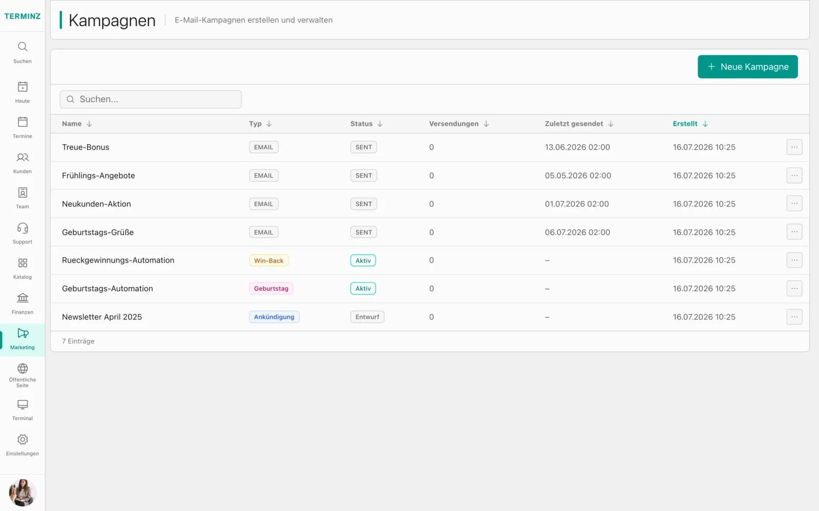 Campaign overview in the Terminz dashboard