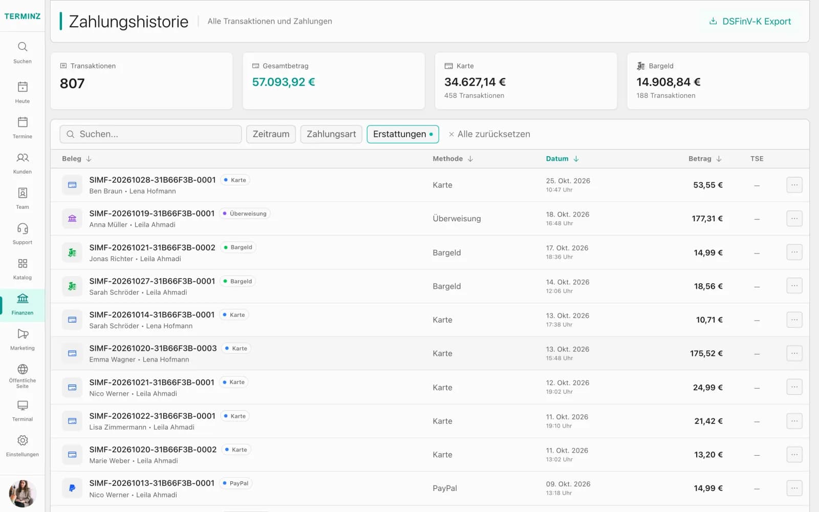 Payment history in the Terminz dashboard