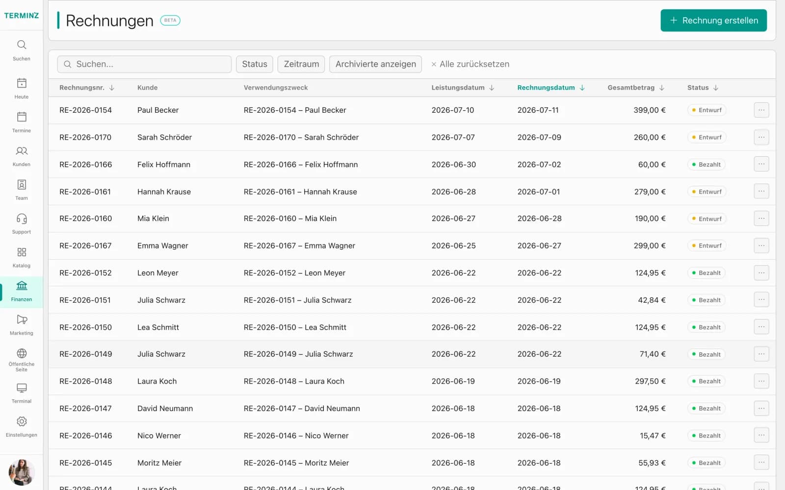 Invoice overview in the Terminz dashboard