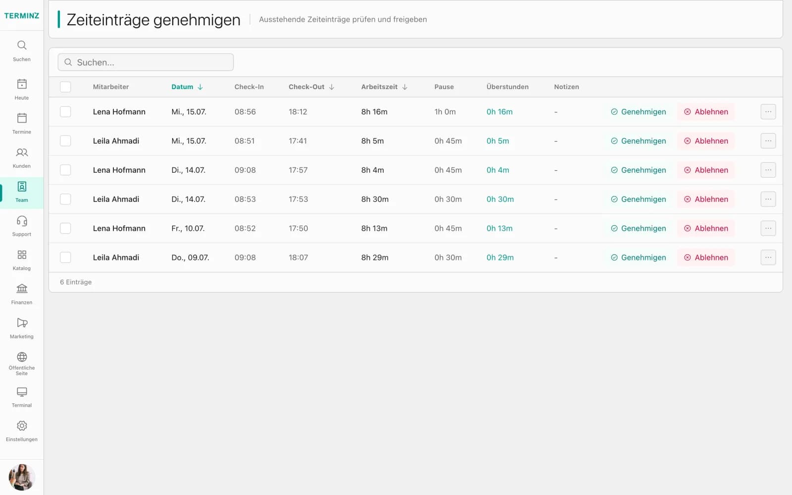 Time entry approval in the Terminz dashboard