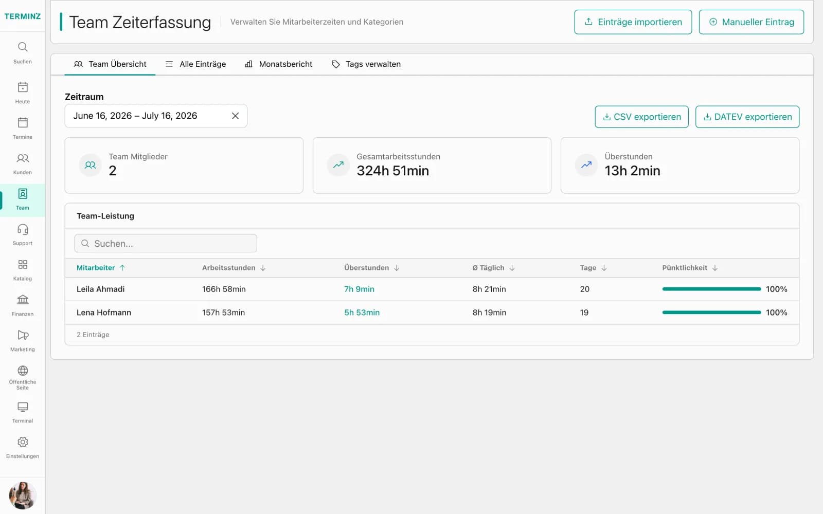 Team time tracking in the Terminz dashboard